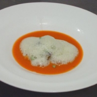 Image of Chilled Spicy Vine-ripened Tomato Soup With A Panzanella Salad And Cucumber-parmesan Foam Recipe, Group Recipes