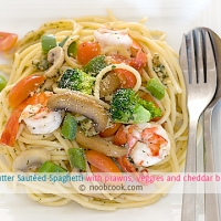 Image of Butter Sauted Spaghetti With Prawns Veggies And Cheddar Recipe, Group Recipes