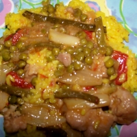 Image of Stovetop Saute Of Pork N Veggies Over Yellow Rice Recipe, Group Recipes