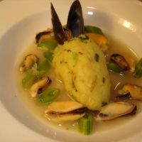 Image of Yukon Potato Quenelle With A Mussel And Pea Broth Recipe, Group Recipes