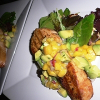 Image of Grilled Opah With Mango And Avocado Salsa Baby Lettuce Salad With Citrus Vinaigrette And Toasted Almonds Recipe, Group Recipes